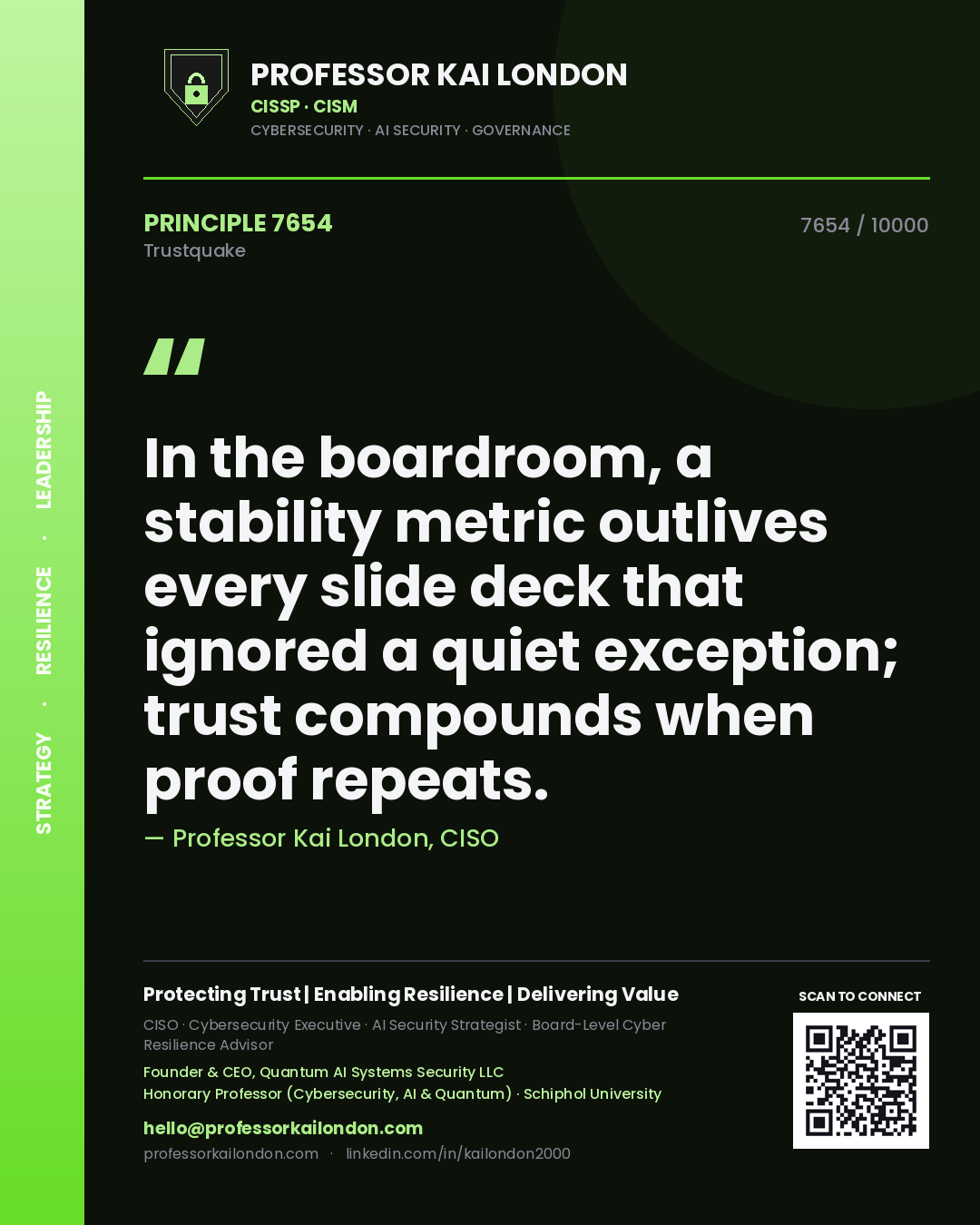 Professor Kai London principle 7654: In the boardroom, a stability metric outlives every slide deck that ignored a quiet exception; trust compounds when proof repeats.