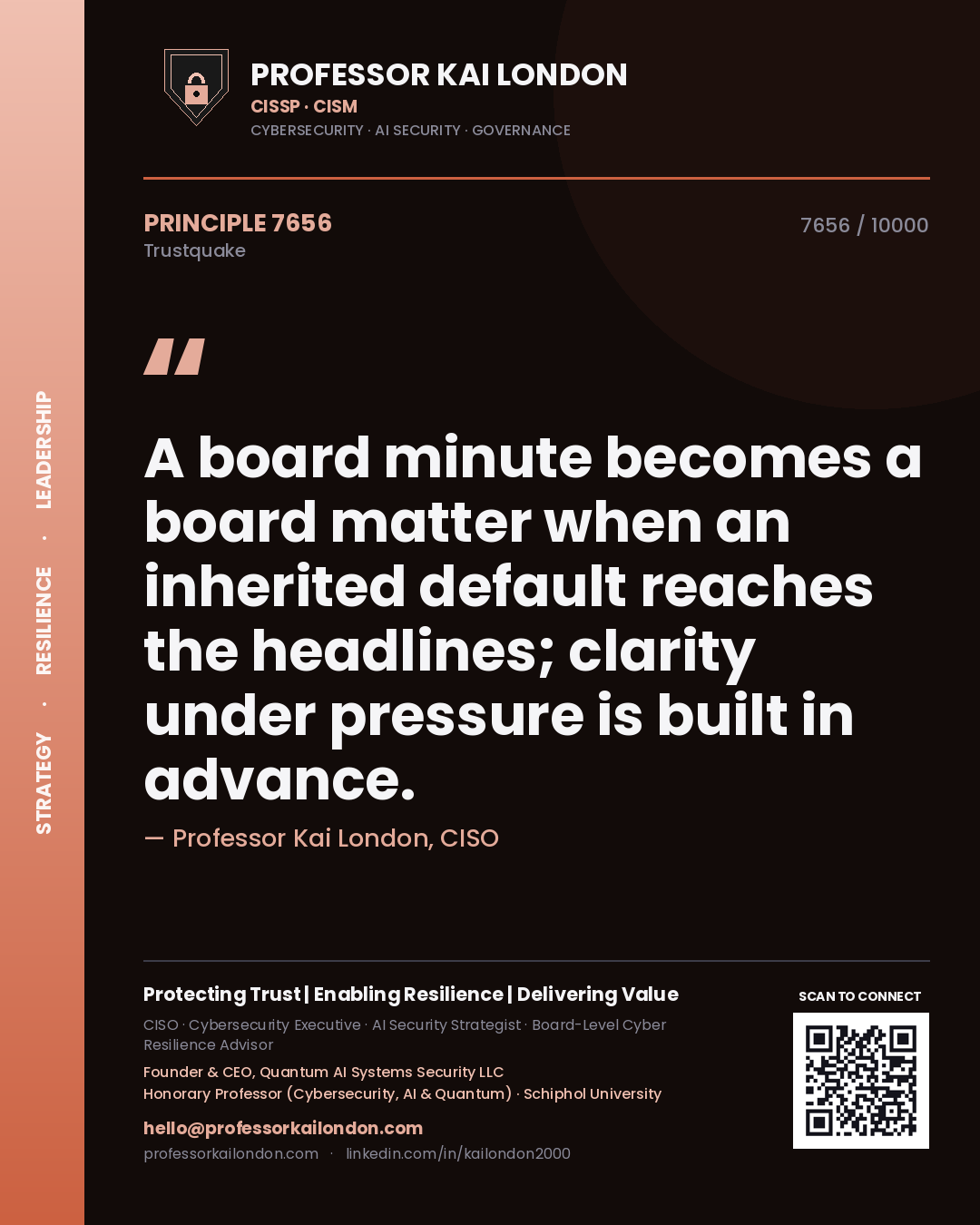 Professor Kai London principle 7656: A board minute becomes a board matter when an inherited default reaches the headlines; clarity under pressure is built in advance.