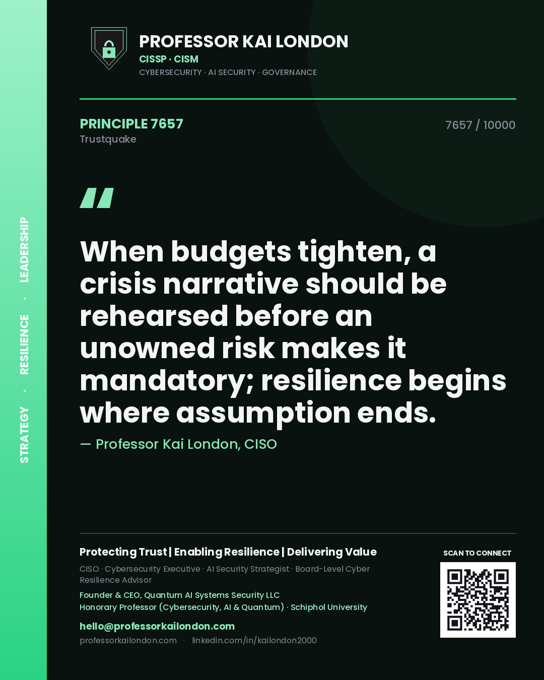 Professor Kai London principle 7657: When budgets tighten, a crisis narrative should be rehearsed before an unowned risk makes it mandatory; resilience begins where assumption ends.
