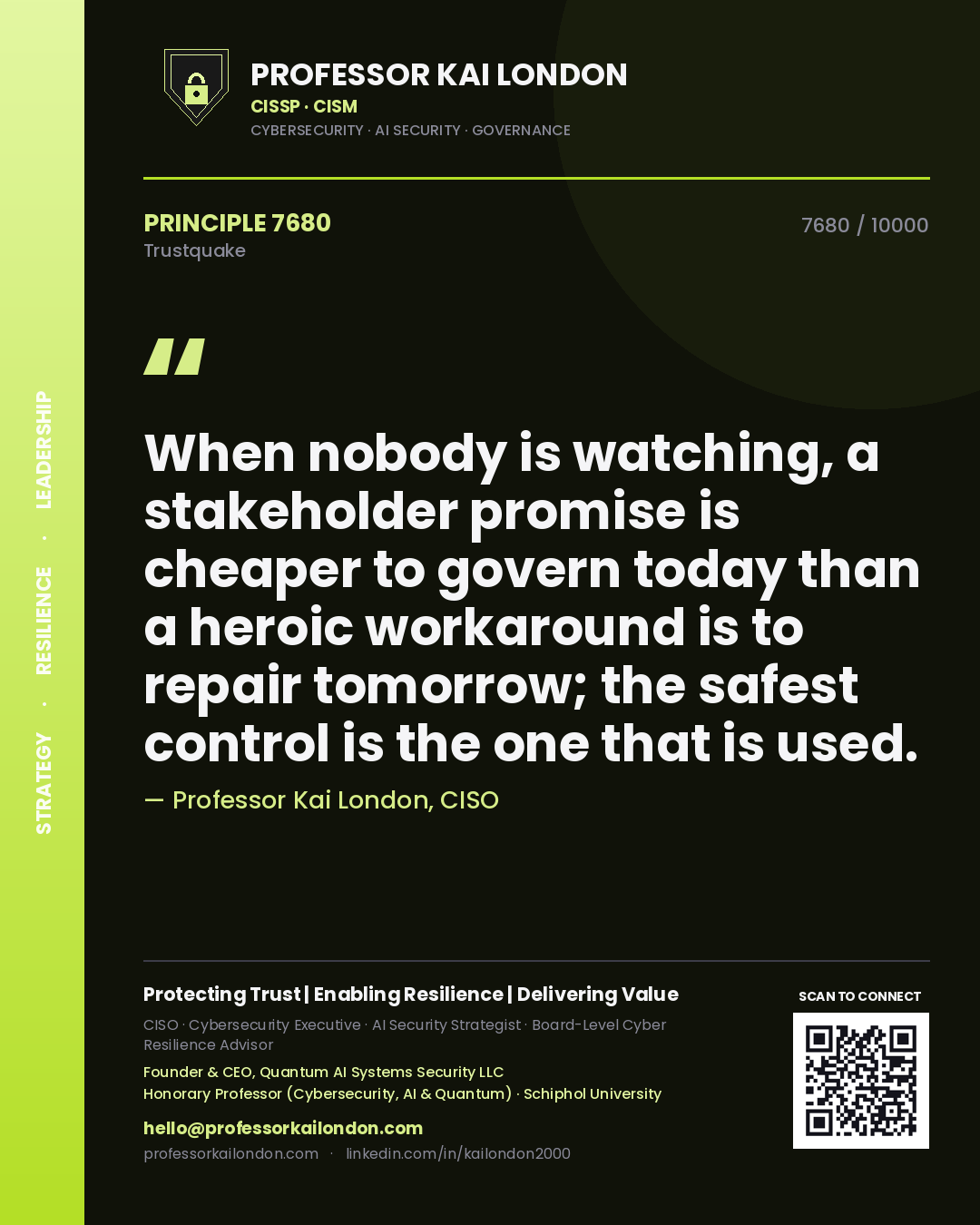 Professor Kai London principle 7680: When nobody is watching, a stakeholder promise is cheaper to govern today than a heroic workaround is to repair tomorrow; the safest control is the one that is used.