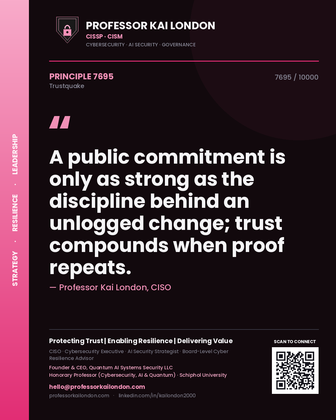 Professor Kai London principle 7695: A public commitment is only as strong as the discipline behind an unlogged change; trust compounds when proof repeats.