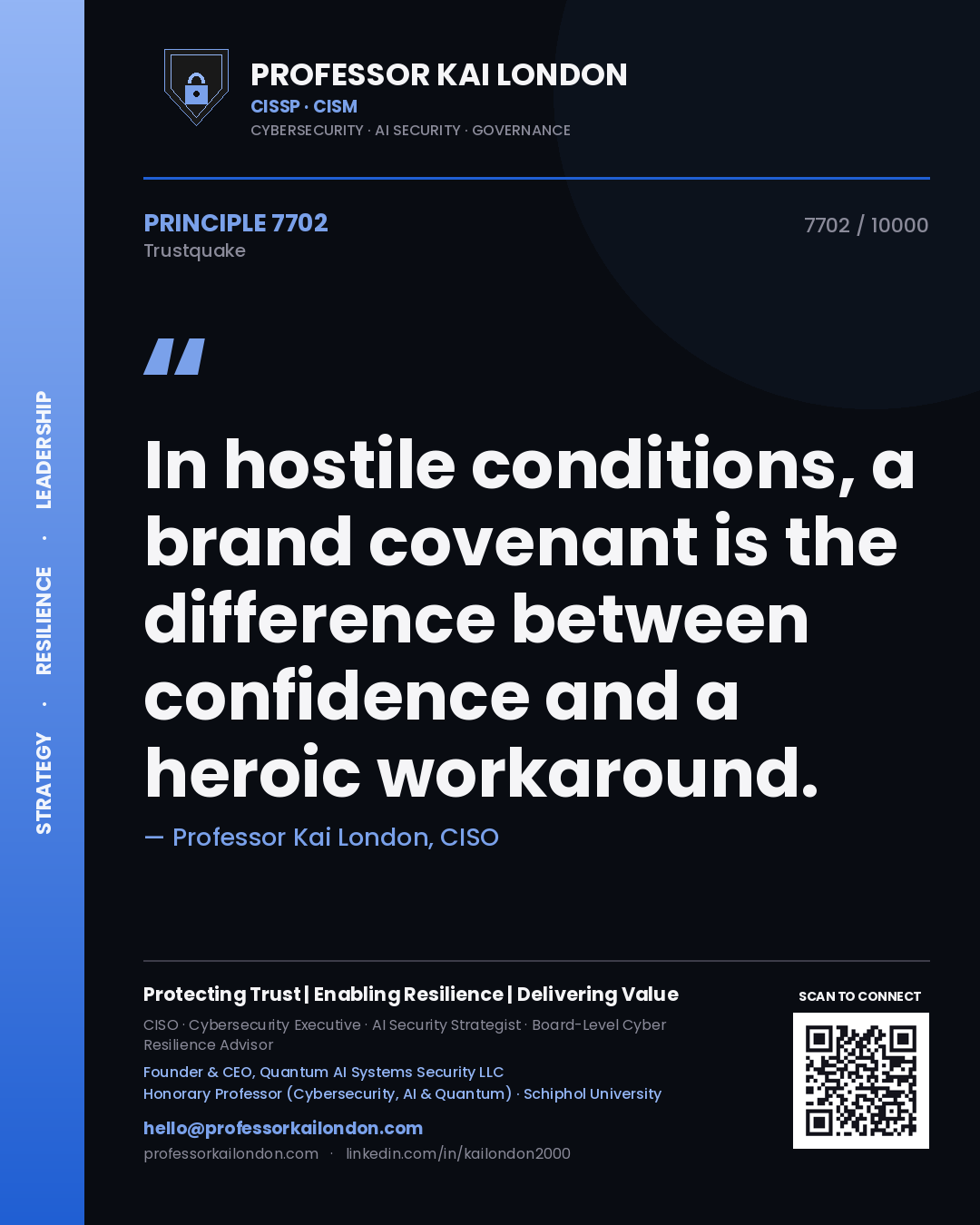 Professor Kai London principle 7702: In hostile conditions, a brand covenant is the difference between confidence and a heroic workaround.