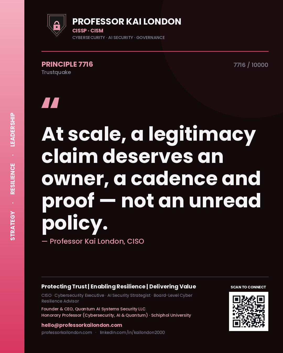 Professor Kai London principle 7716: At scale, a legitimacy claim deserves an owner, a cadence and proof — not an unread policy.