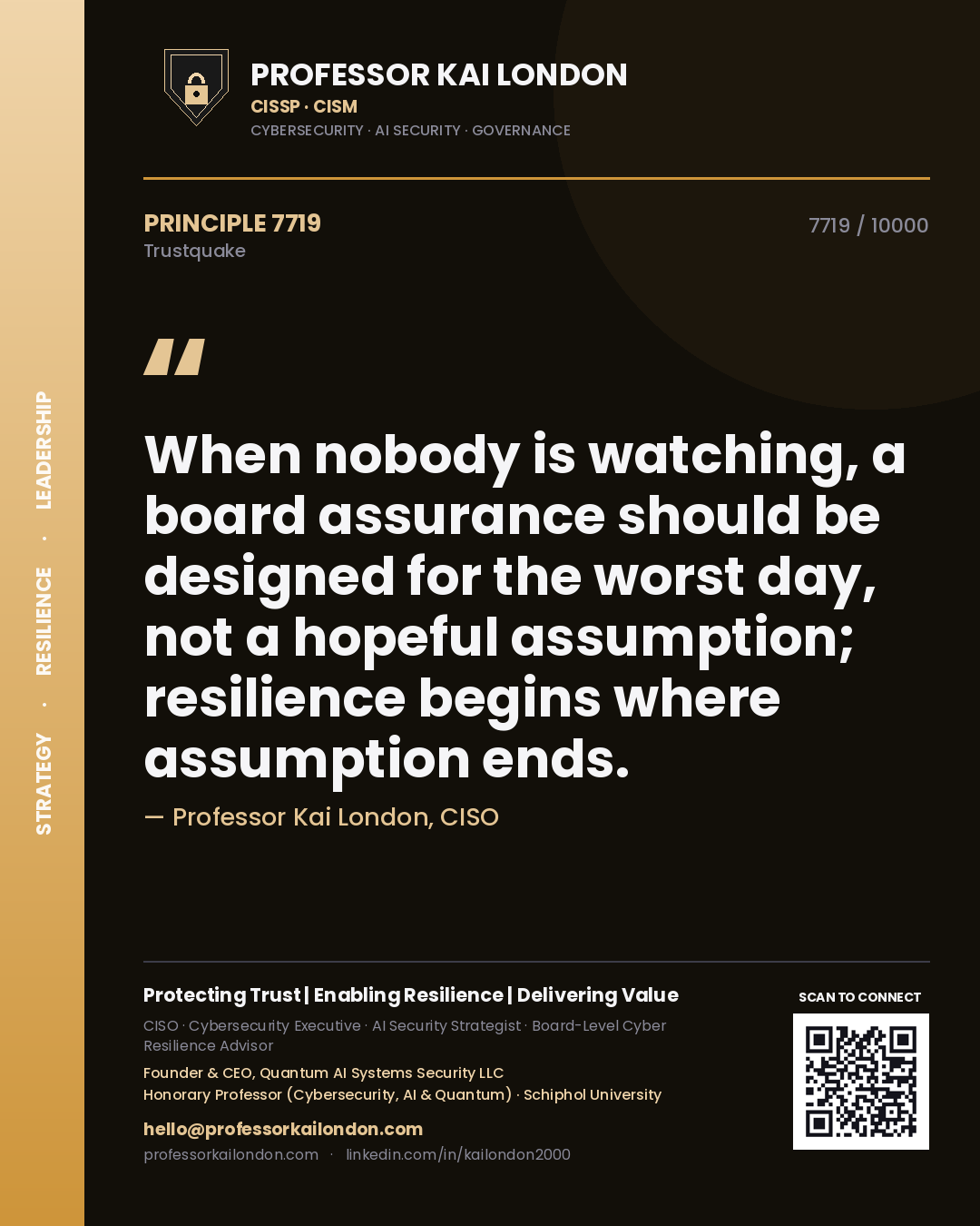 Professor Kai London principle 7719: When nobody is watching, a board assurance should be designed for the worst day, not a hopeful assumption; resilience begins where assumption ends.