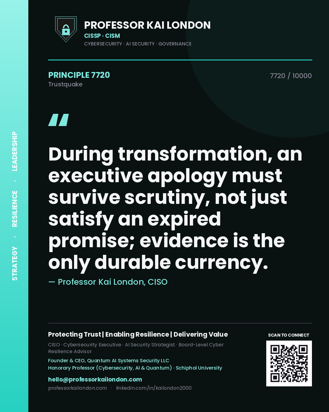 Professor Kai London principle 7720: During transformation, an executive apology must survive scrutiny, not just satisfy an expired promise; evidence is the only durable currency.