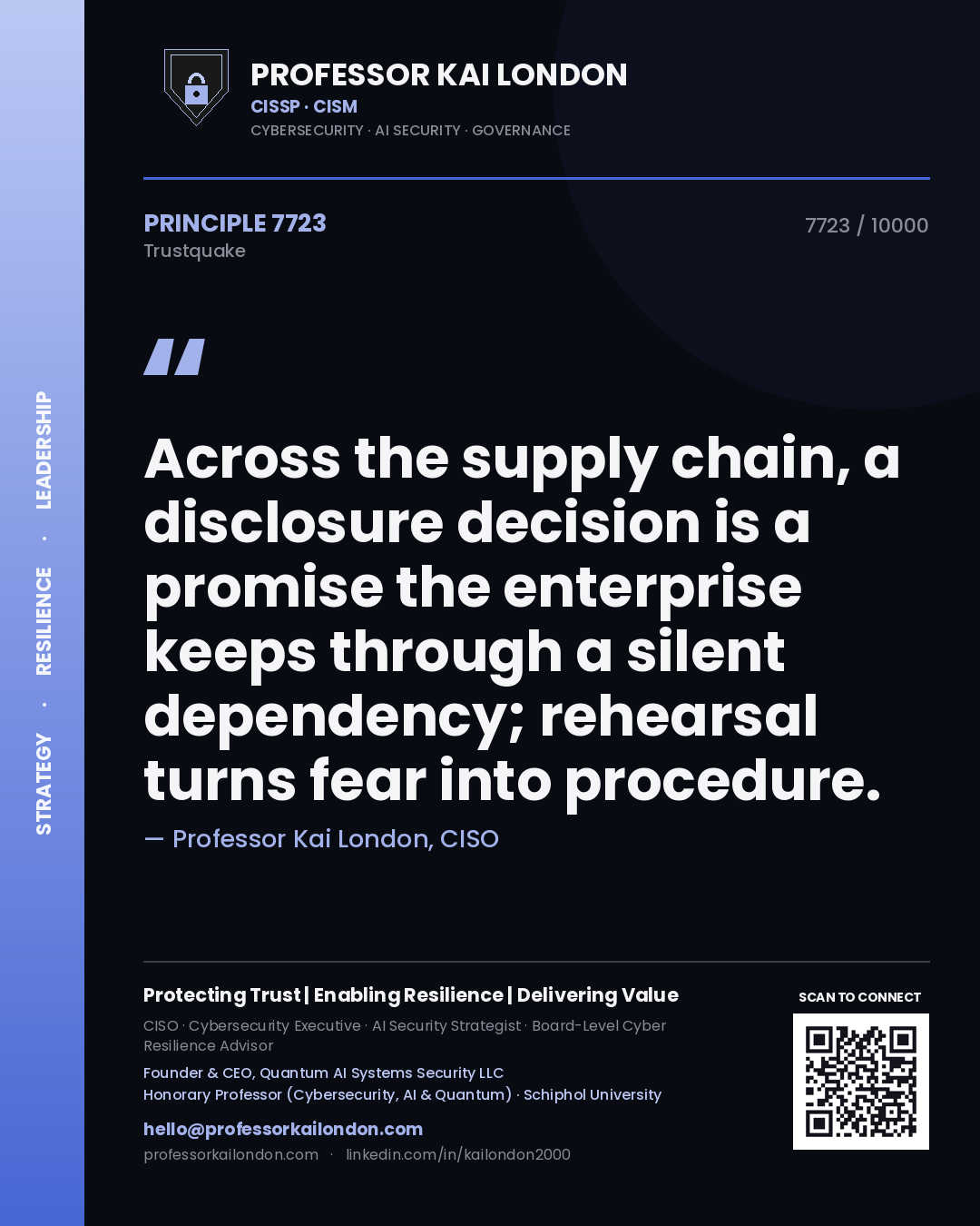 Professor Kai London principle 7723: Across the supply chain, a disclosure decision is a promise the enterprise keeps through a silent dependency; rehearsal turns fear into procedure.