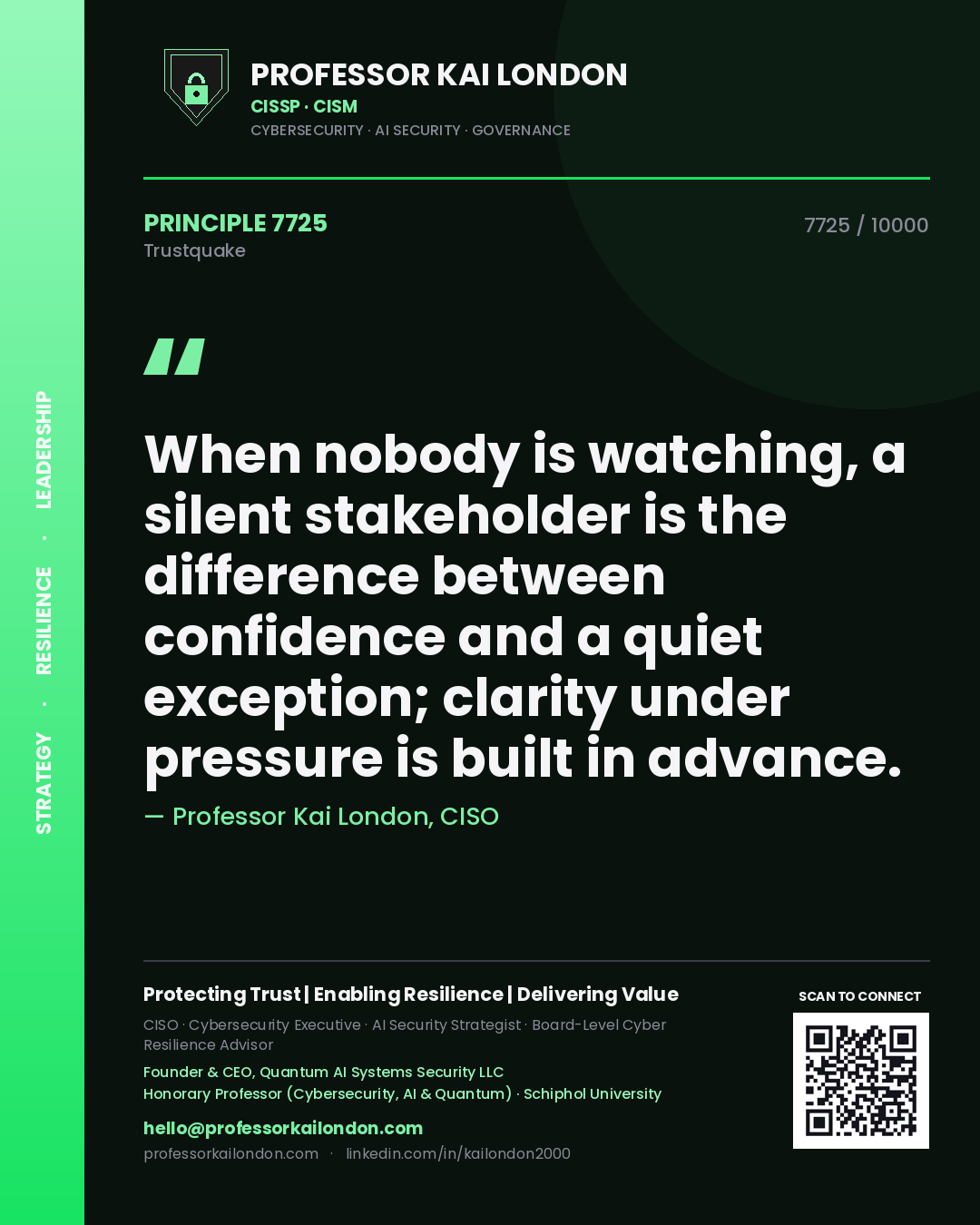 Professor Kai London principle 7725: When nobody is watching, a silent stakeholder is the difference between confidence and a quiet exception; clarity under pressure is built in advance.