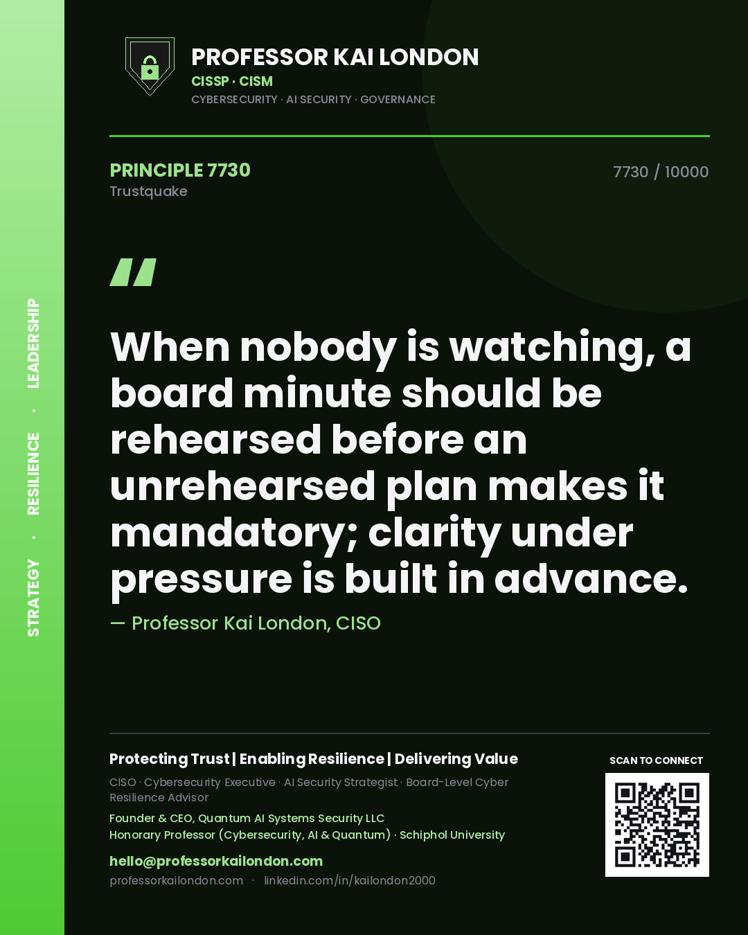 Professor Kai London principle 7730: When nobody is watching, a board minute should be rehearsed before an unrehearsed plan makes it mandatory; clarity under pressure is built in advance.