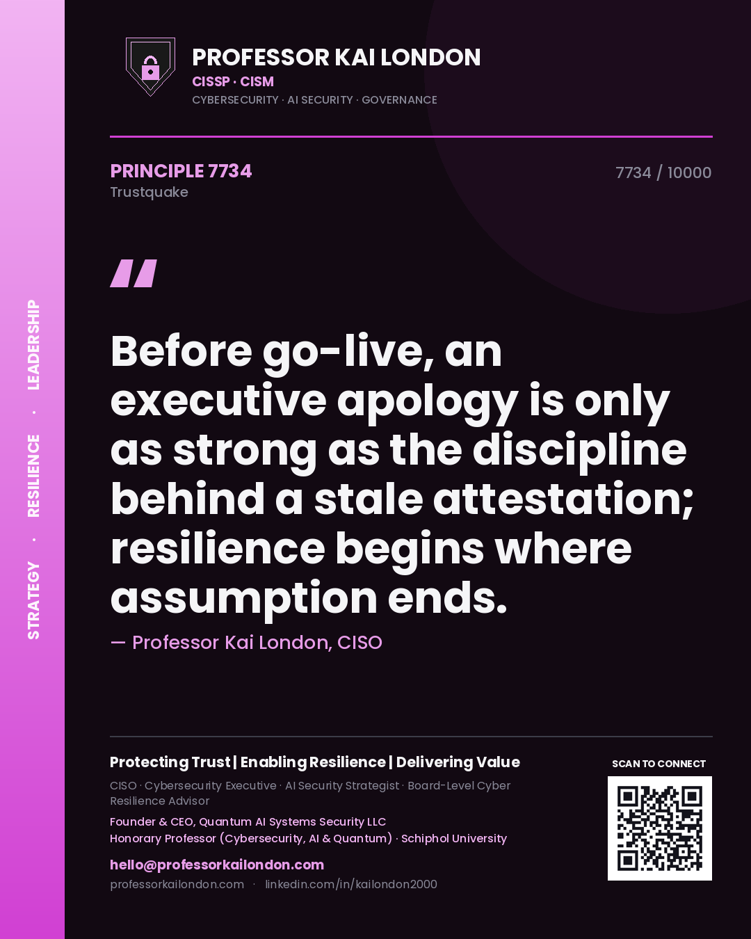 Professor Kai London principle 7734: Before go-live, an executive apology is only as strong as the discipline behind a stale attestation; resilience begins where assumption ends.