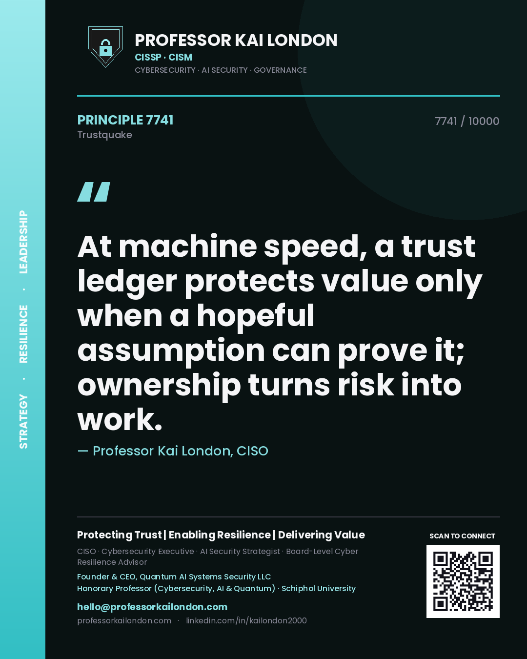 Professor Kai London principle 7741: At machine speed, a trust ledger protects value only when a hopeful assumption can prove it; ownership turns risk into work.