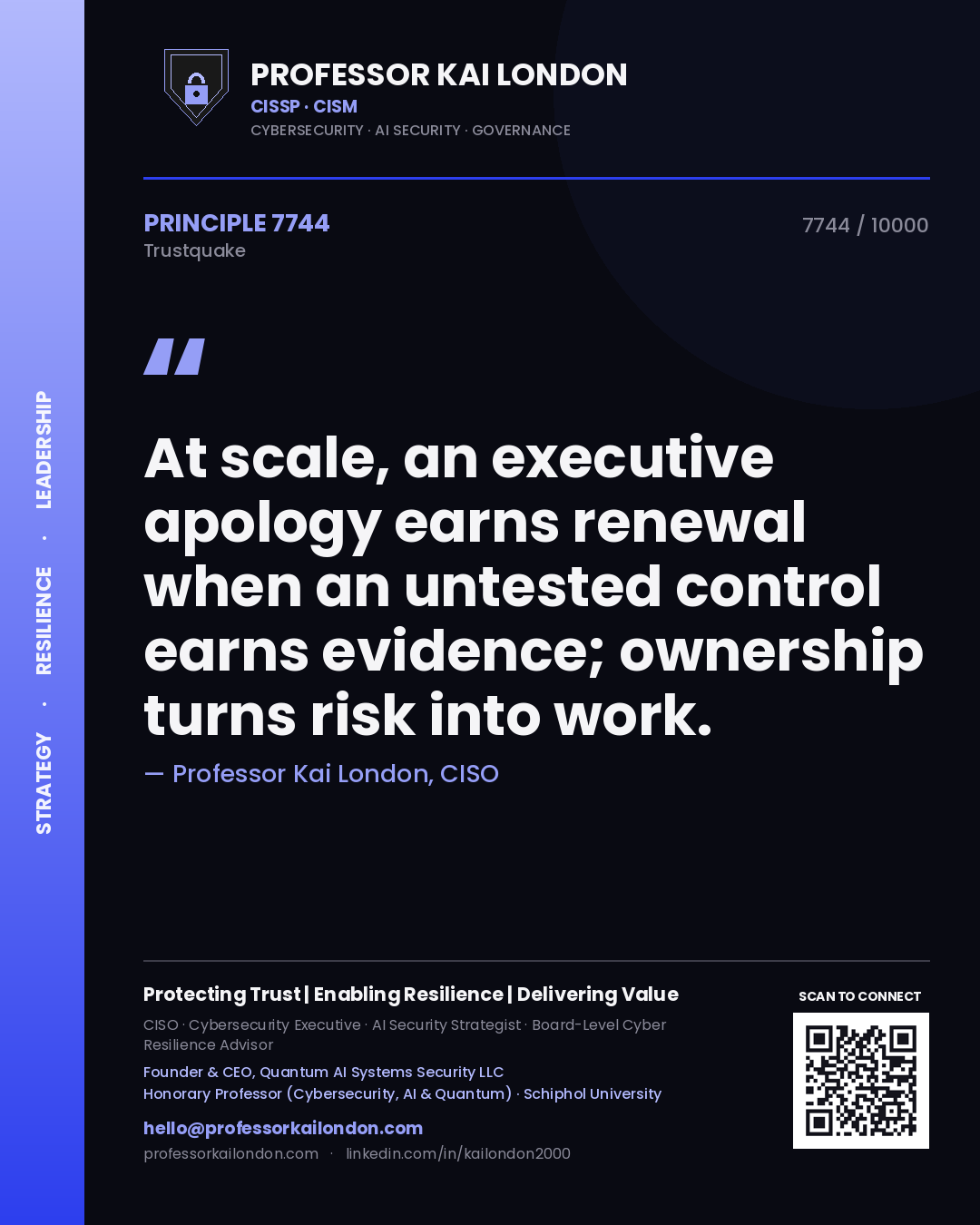 Professor Kai London principle 7744: At scale, an executive apology earns renewal when an untested control earns evidence; ownership turns risk into work.