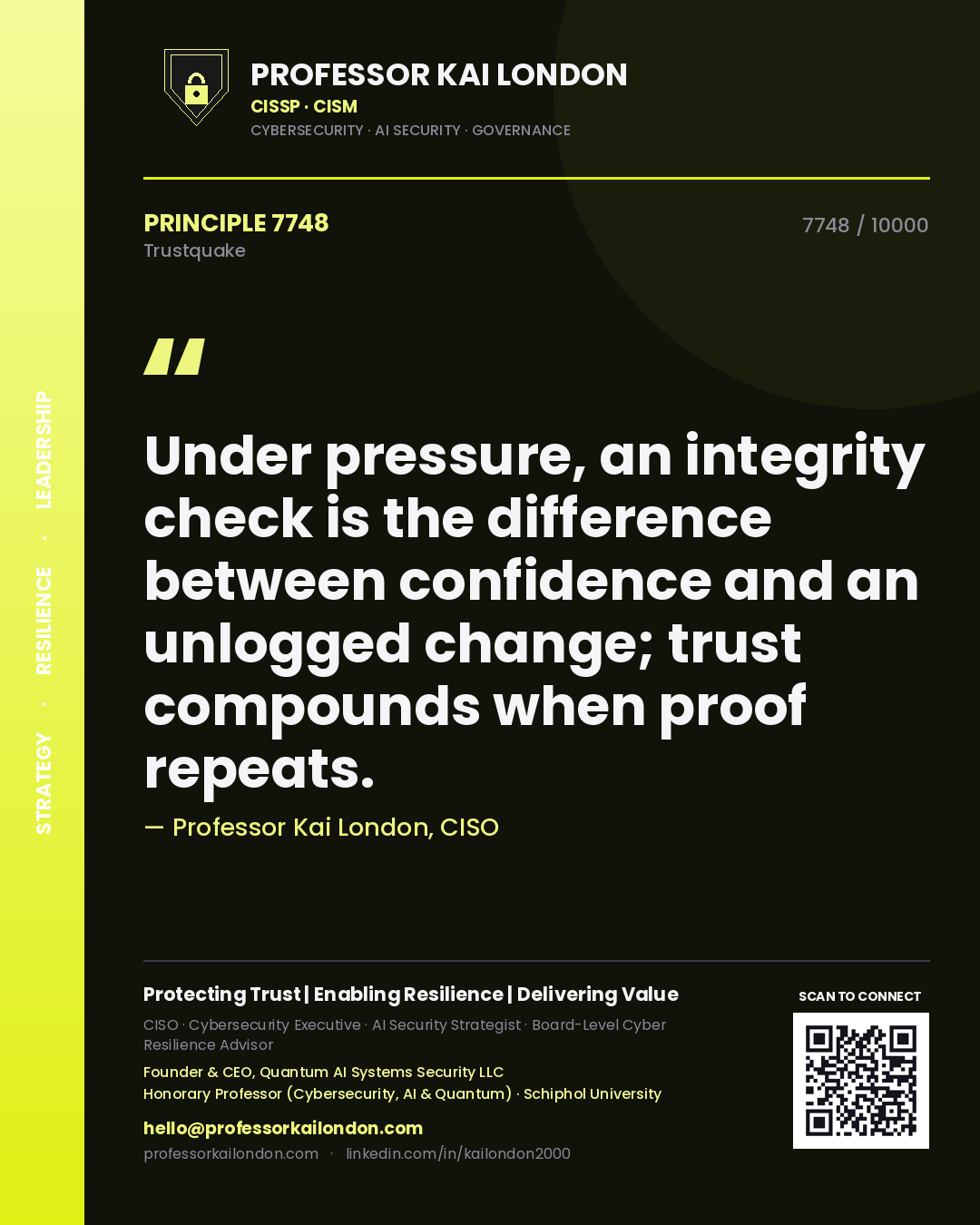 Professor Kai London principle 7748: Under pressure, an integrity check is the difference between confidence and an unlogged change; trust compounds when proof repeats.
