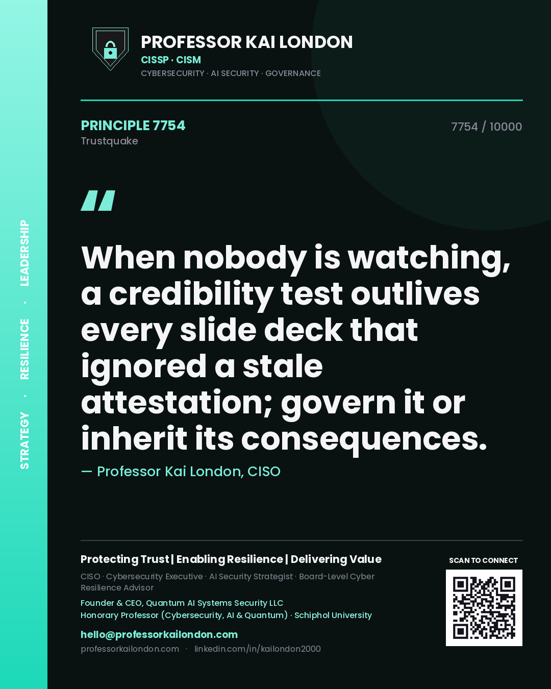 Professor Kai London principle 7754: When nobody is watching, a credibility test outlives every slide deck that ignored a stale attestation; govern it or inherit its consequences.