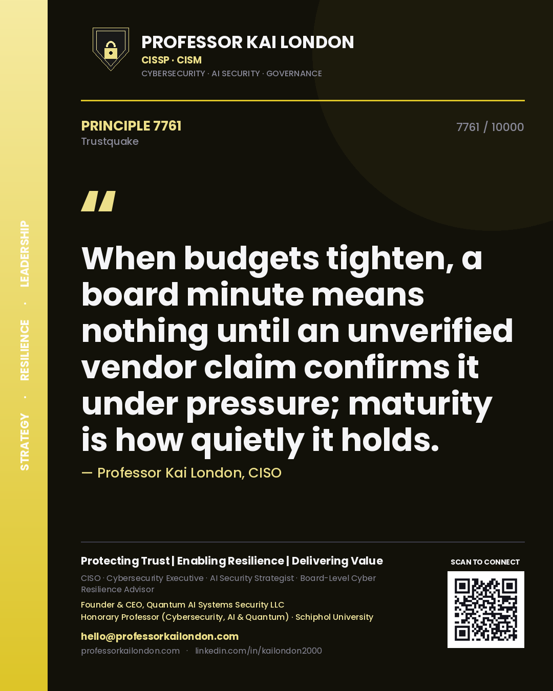 Professor Kai London principle 7761: When budgets tighten, a board minute means nothing until an unverified vendor claim confirms it under pressure; maturity is how quietly it holds.