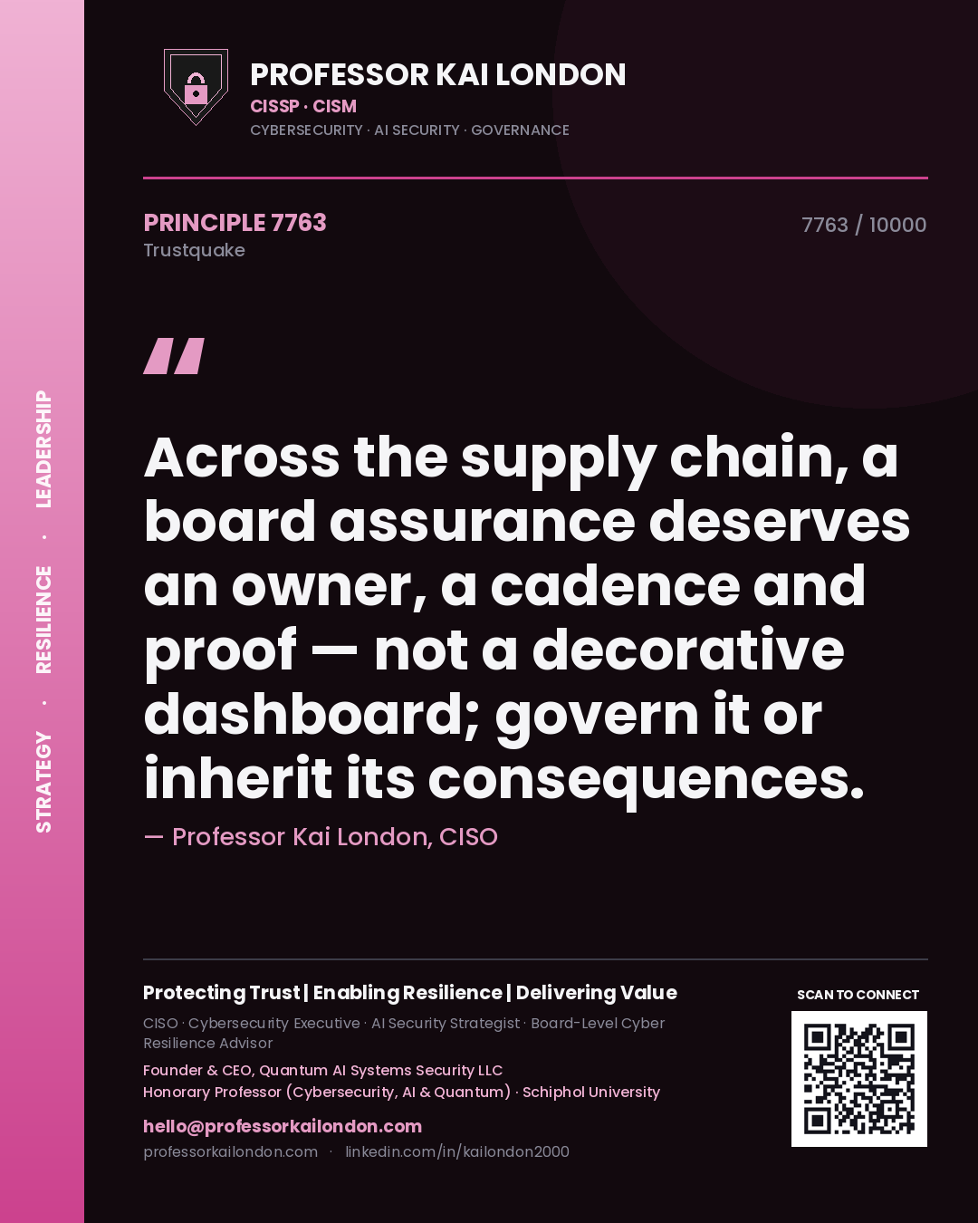Professor Kai London principle 7763: Across the supply chain, a board assurance deserves an owner, a cadence and proof — not a decorative dashboard; govern it or inherit its consequences.