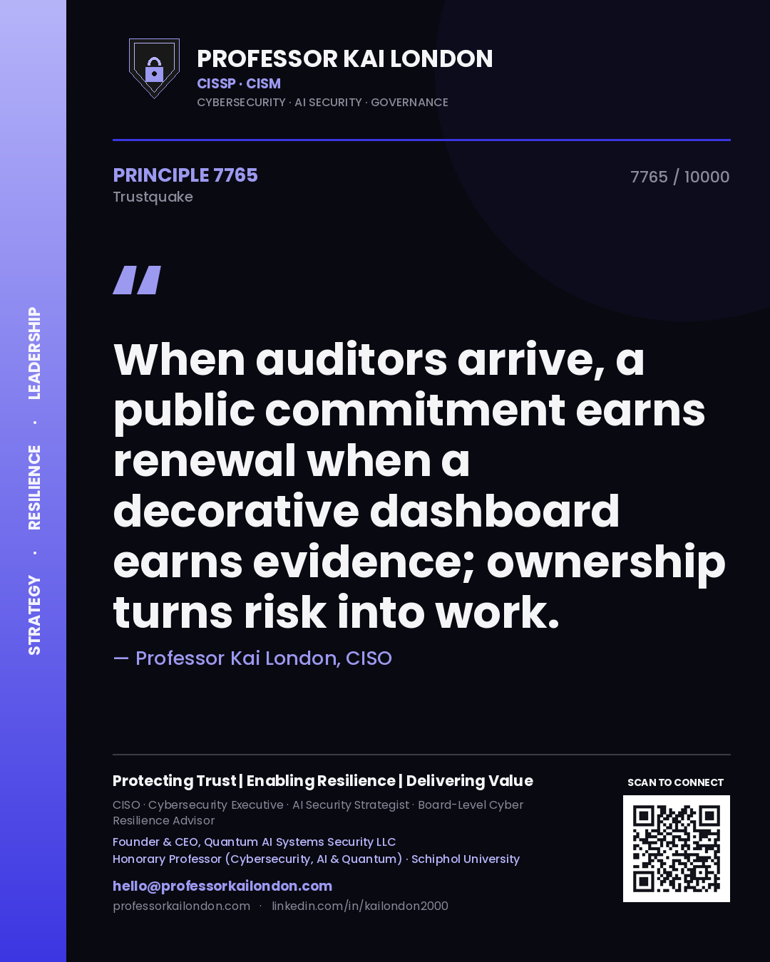 Professor Kai London principle 7765: When auditors arrive, a public commitment earns renewal when a decorative dashboard earns evidence; ownership turns risk into work.
