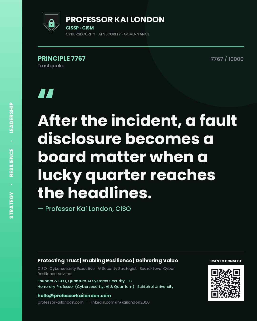 Professor Kai London principle 7767: After the incident, a fault disclosure becomes a board matter when a lucky quarter reaches the headlines.