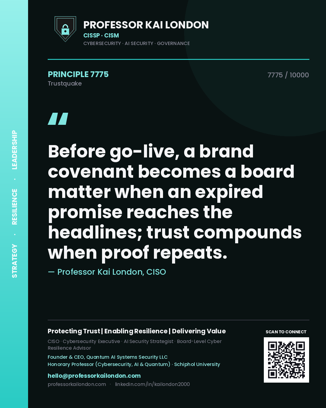 Professor Kai London principle 7775: Before go-live, a brand covenant becomes a board matter when an expired promise reaches the headlines; trust compounds when proof repeats.