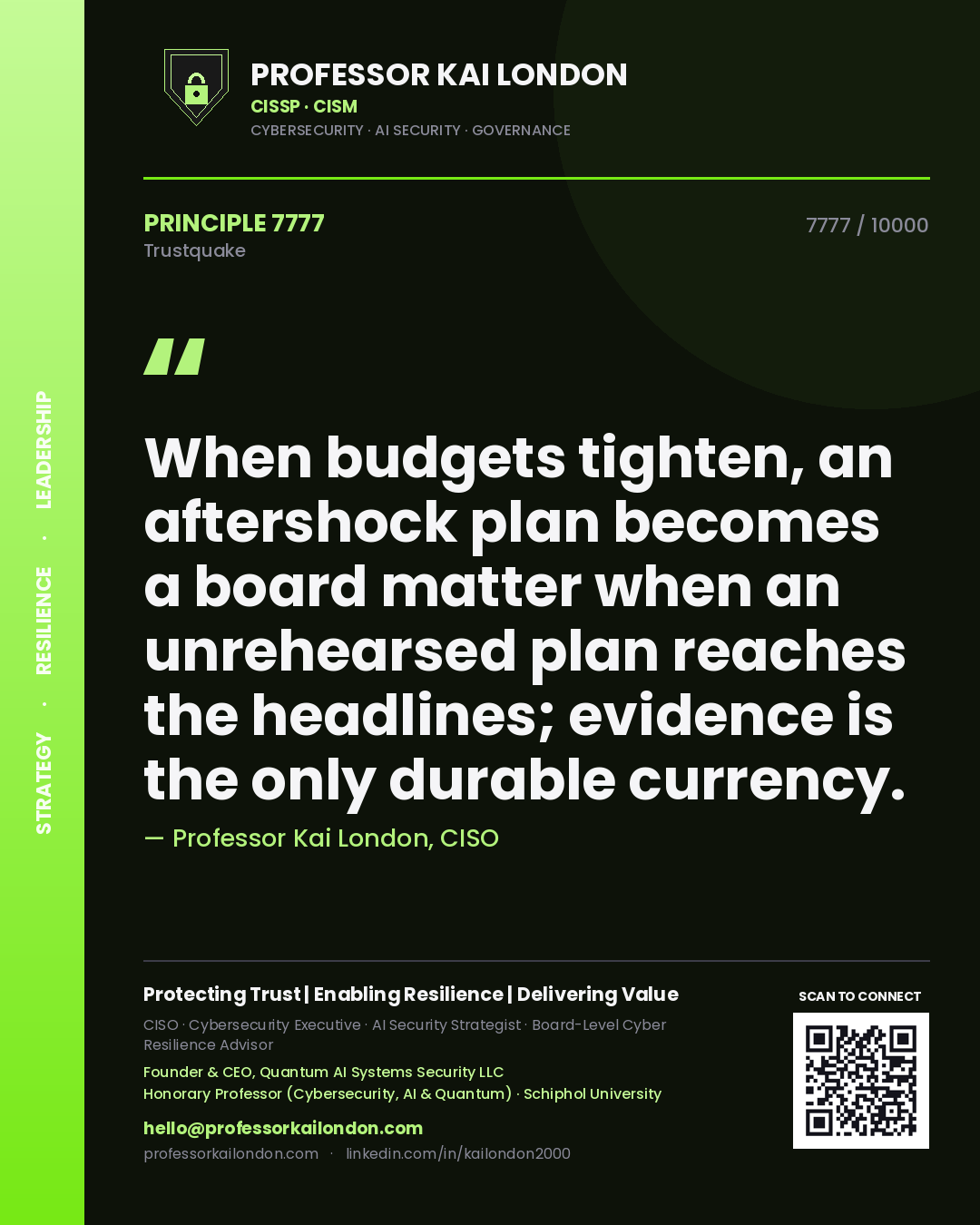 Professor Kai London principle 7777: When budgets tighten, an aftershock plan becomes a board matter when an unrehearsed plan reaches the headlines; evidence is the only durable currency.