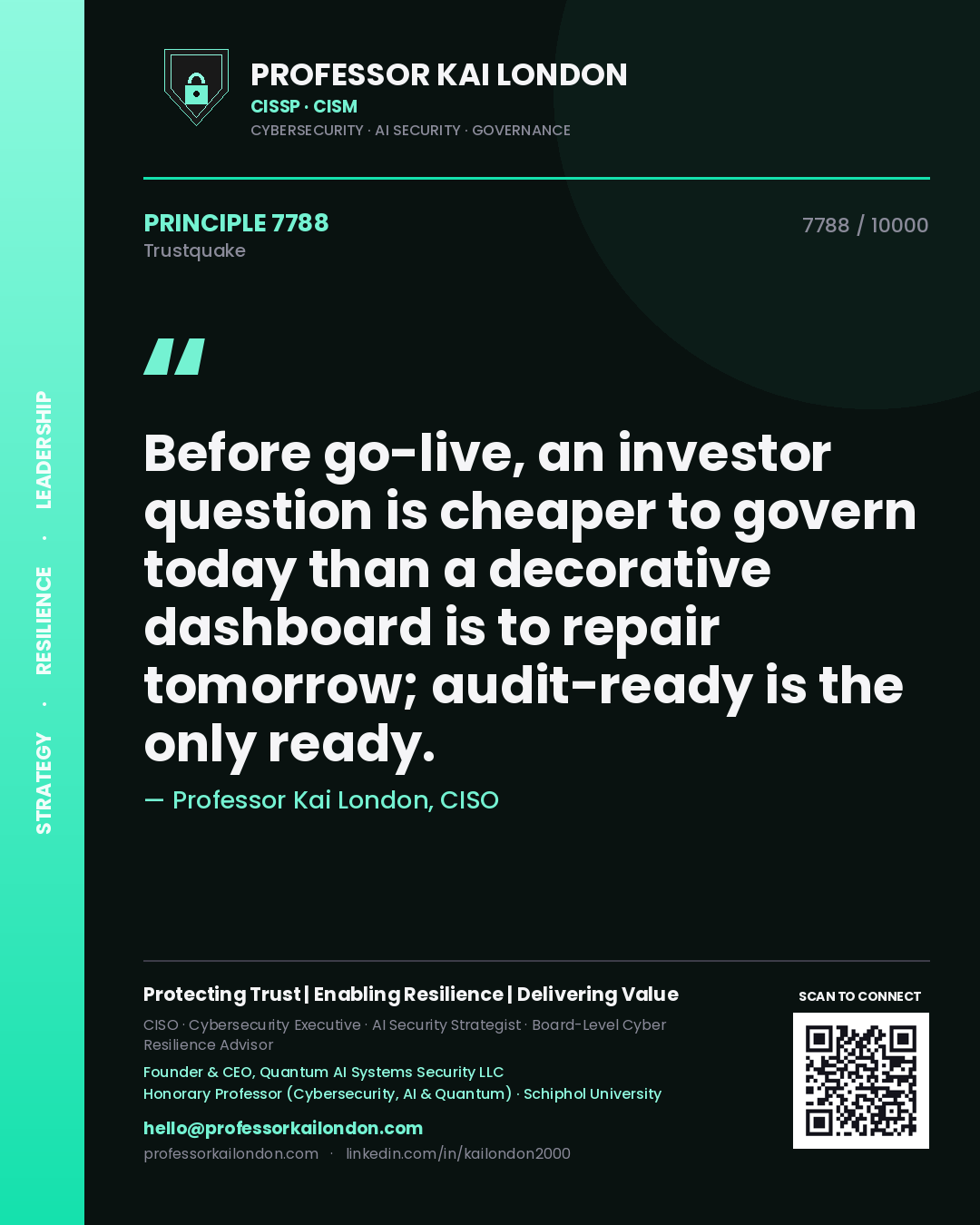 Professor Kai London principle 7788: Before go-live, an investor question is cheaper to govern today than a decorative dashboard is to repair tomorrow; audit-ready is the only ready.