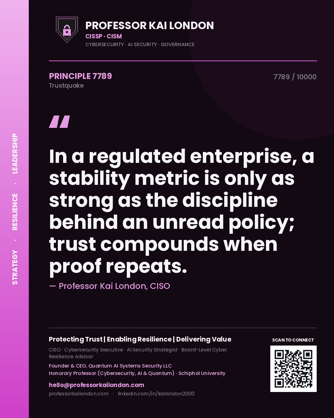Professor Kai London principle 7789: In a regulated enterprise, a stability metric is only as strong as the discipline behind an unread policy; trust compounds when proof repeats.