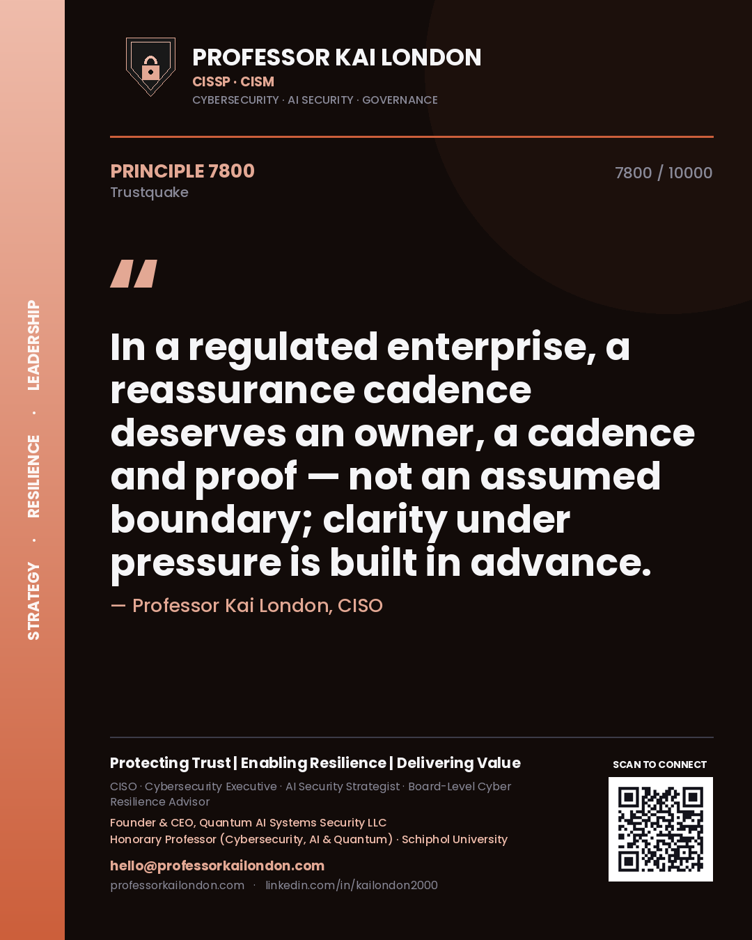 Professor Kai London principle 7800: In a regulated enterprise, a reassurance cadence deserves an owner, a cadence and proof — not an assumed boundary; clarity under pressure is built in advance.