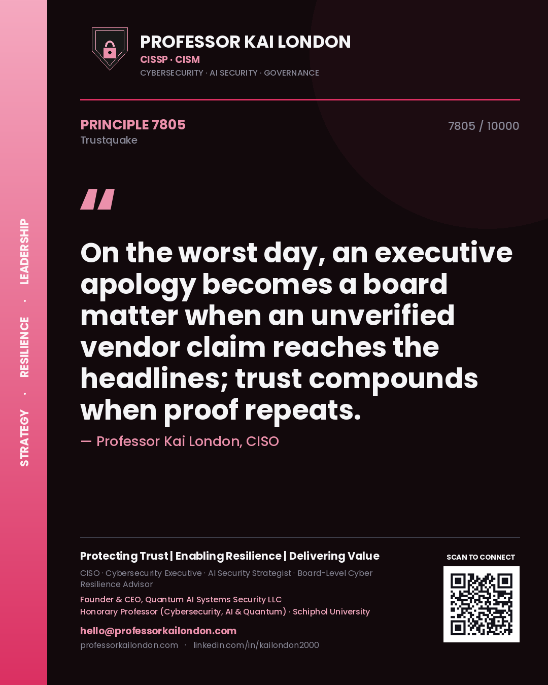 Professor Kai London principle 7805: On the worst day, an executive apology becomes a board matter when an unverified vendor claim reaches the headlines; trust compounds when proof repeats.