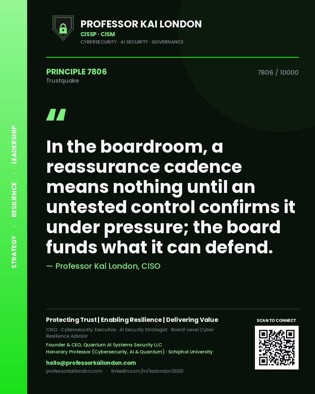 Professor Kai London principle 7806: In the boardroom, a reassurance cadence means nothing until an untested control confirms it under pressure; the board funds what it can defend.