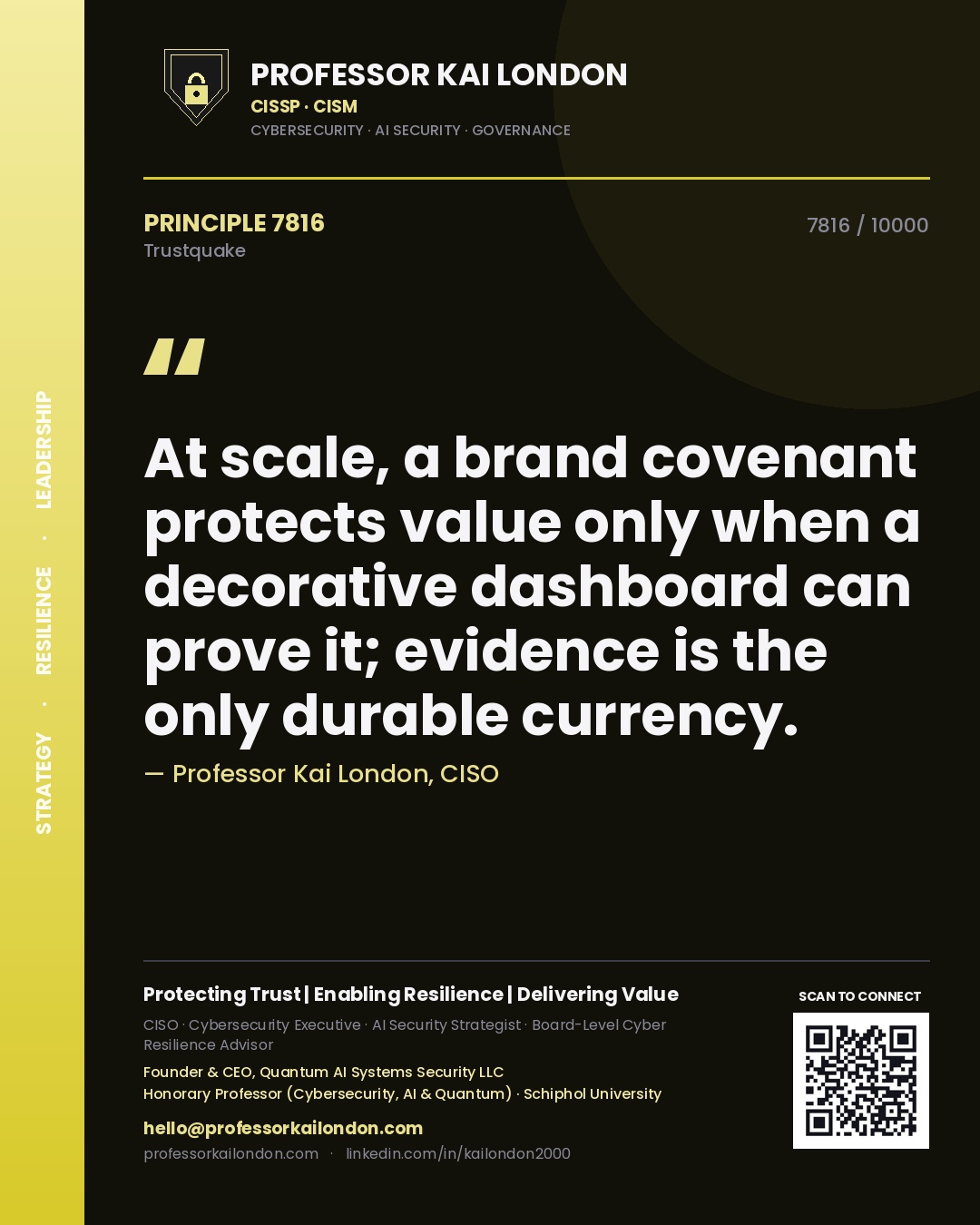 Professor Kai London principle 7816: At scale, a brand covenant protects value only when a decorative dashboard can prove it; evidence is the only durable currency.