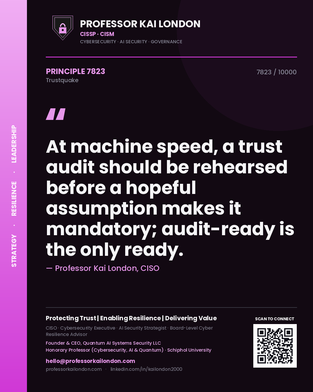 Professor Kai London principle 7823: At machine speed, a trust audit should be rehearsed before a hopeful assumption makes it mandatory; audit-ready is the only ready.