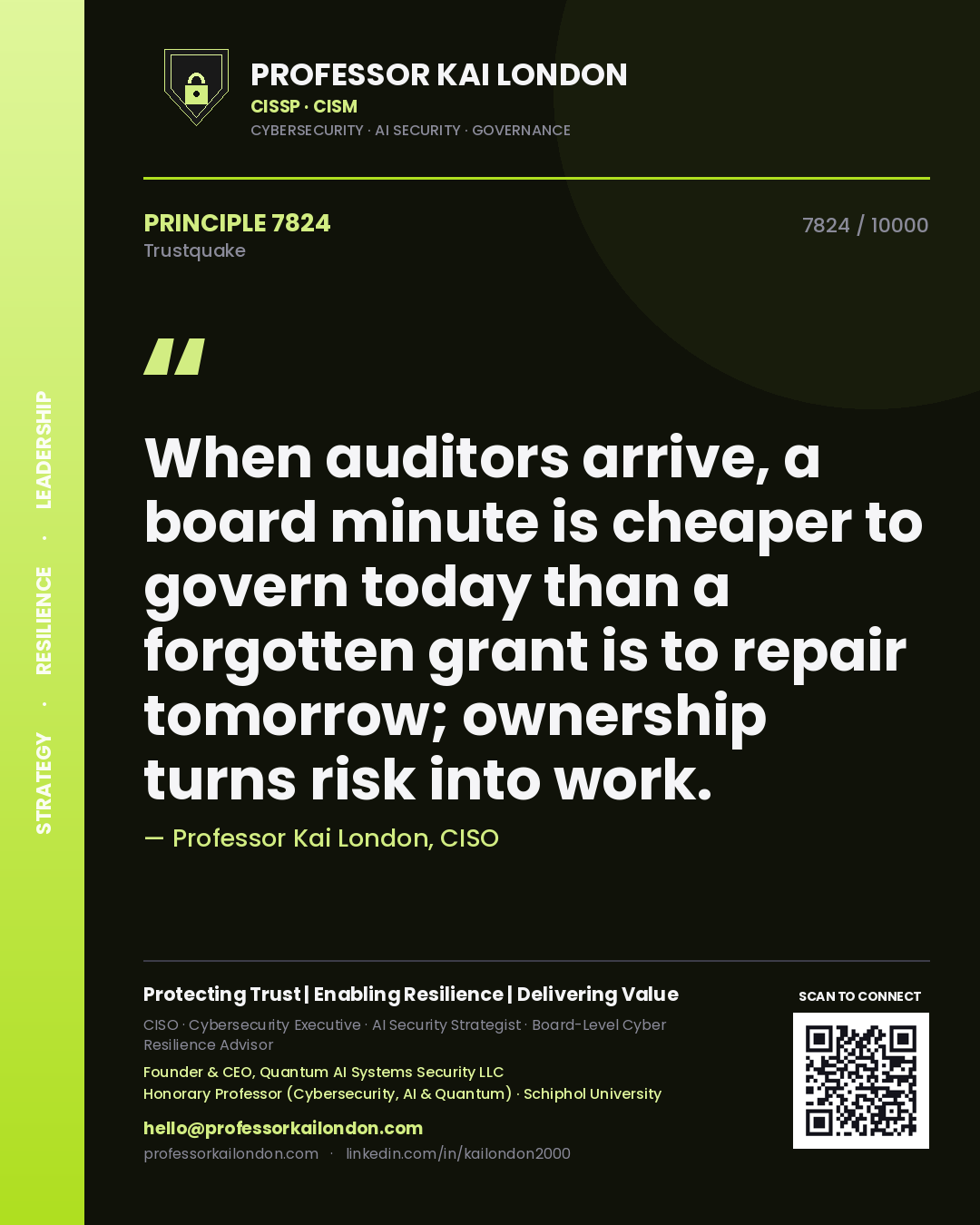 Professor Kai London principle 7824: When auditors arrive, a board minute is cheaper to govern today than a forgotten grant is to repair tomorrow; ownership turns risk into work.