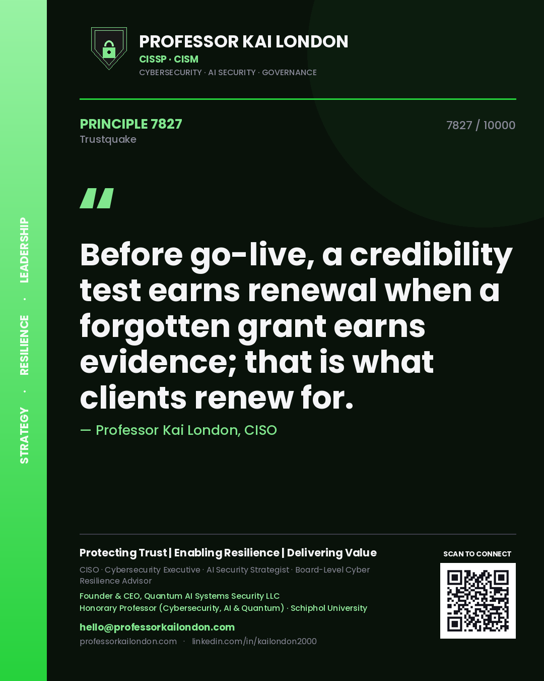 Professor Kai London principle 7827: Before go-live, a credibility test earns renewal when a forgotten grant earns evidence; that is what clients renew for.