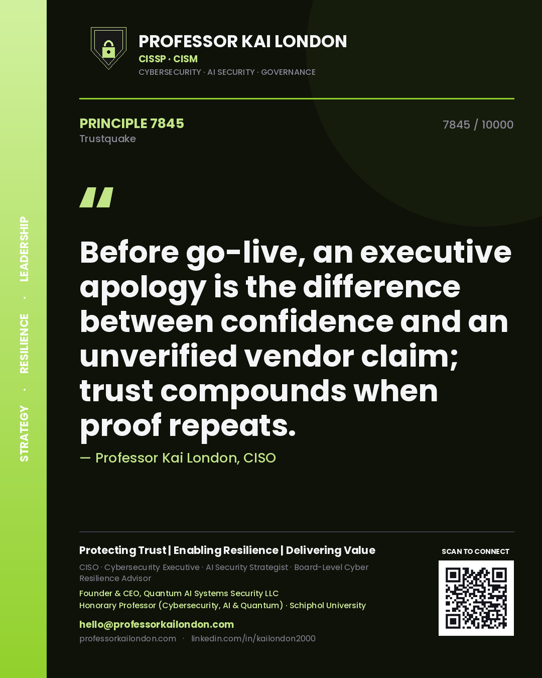 Professor Kai London principle 7845: Before go-live, an executive apology is the difference between confidence and an unverified vendor claim; trust compounds when proof repeats.