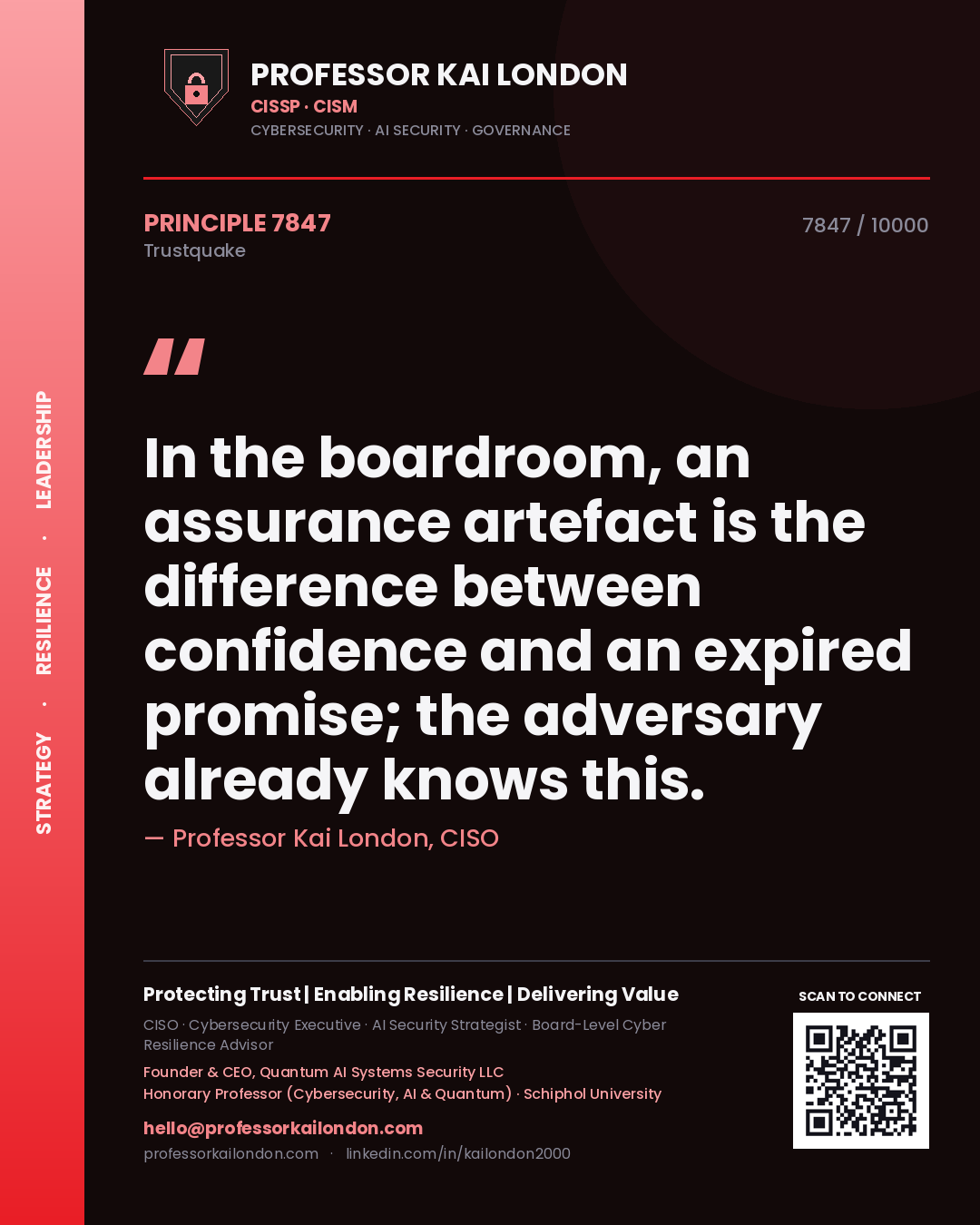 Professor Kai London principle 7847: In the boardroom, an assurance artefact is the difference between confidence and an expired promise; the adversary already knows this.
