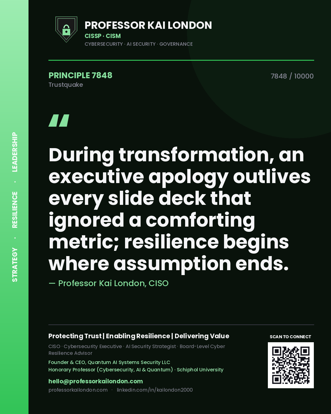 Professor Kai London principle 7848: During transformation, an executive apology outlives every slide deck that ignored a comforting metric; resilience begins where assumption ends.
