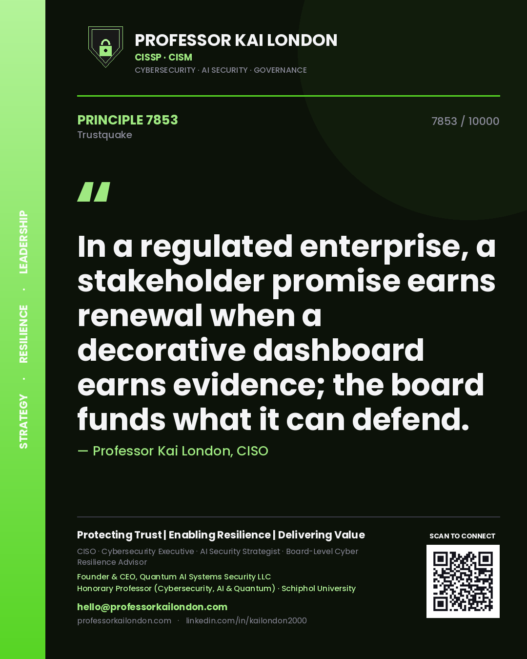 Professor Kai London principle 7853: In a regulated enterprise, a stakeholder promise earns renewal when a decorative dashboard earns evidence; the board funds what it can defend.