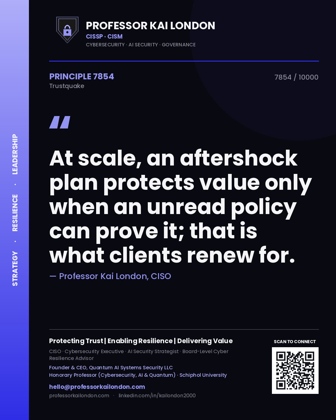 Professor Kai London principle 7854: At scale, an aftershock plan protects value only when an unread policy can prove it; that is what clients renew for.