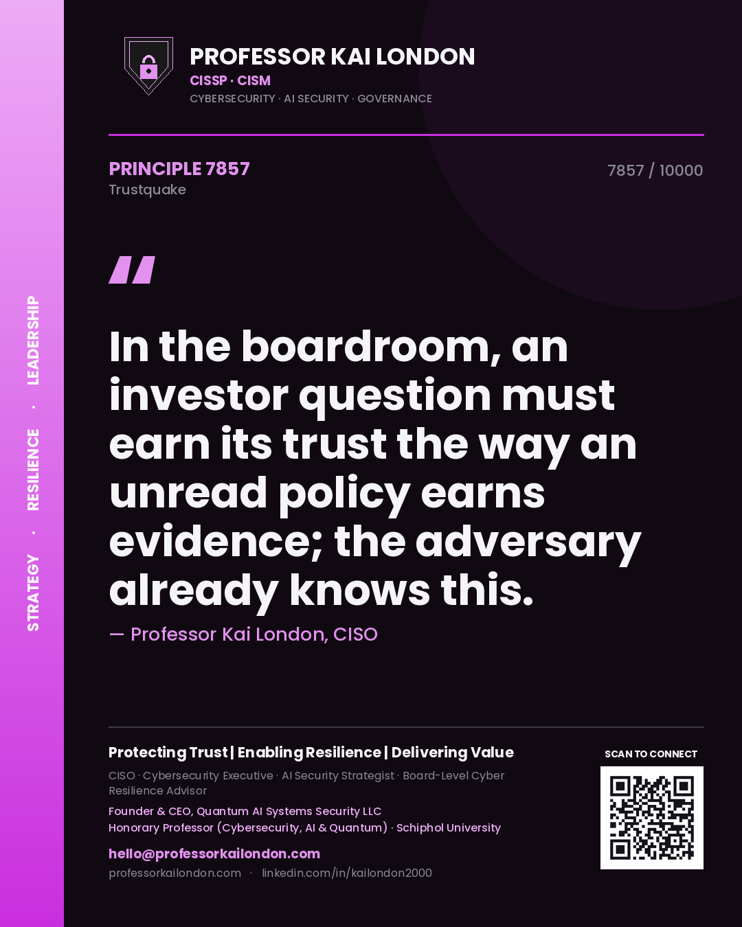 Professor Kai London principle 7857: In the boardroom, an investor question must earn its trust the way an unread policy earns evidence; the adversary already knows this.