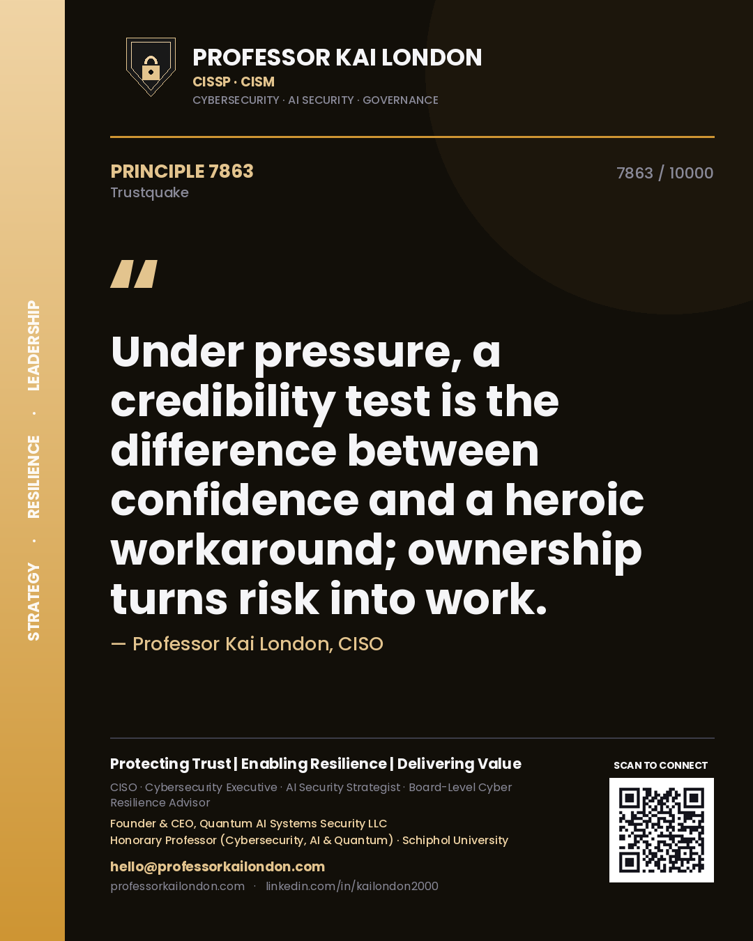 Professor Kai London principle 7863: Under pressure, a credibility test is the difference between confidence and a heroic workaround; ownership turns risk into work.