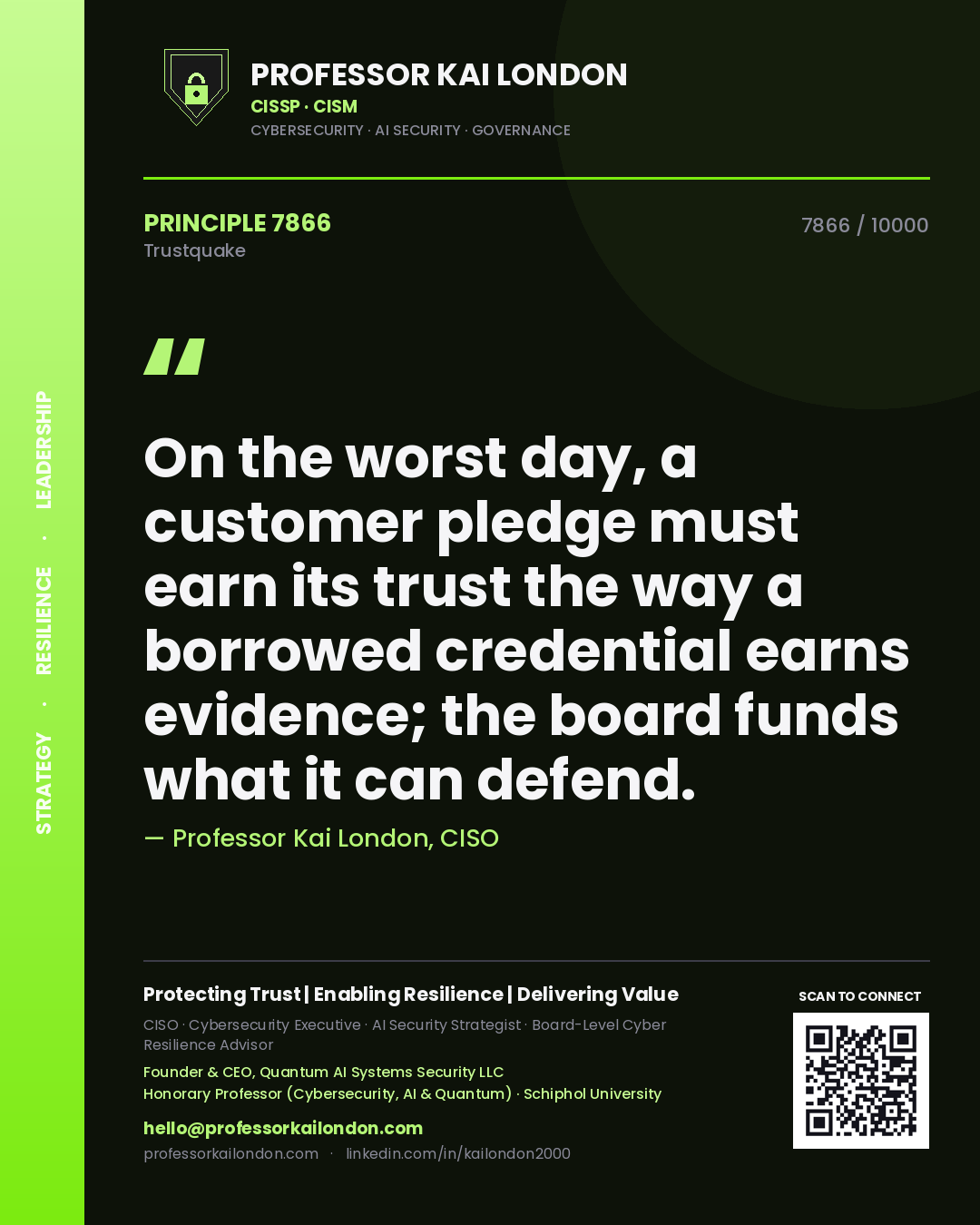 Professor Kai London principle 7866: On the worst day, a customer pledge must earn its trust the way a borrowed credential earns evidence; the board funds what it can defend.
