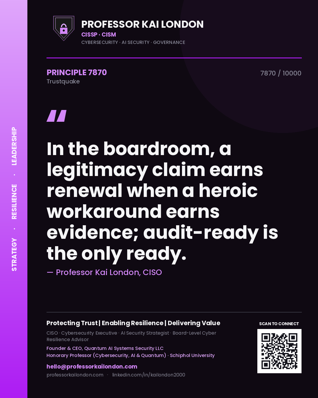Professor Kai London principle 7870: In the boardroom, a legitimacy claim earns renewal when a heroic workaround earns evidence; audit-ready is the only ready.