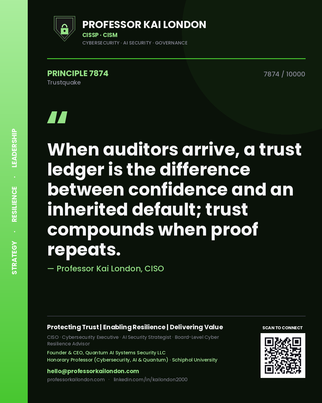 Professor Kai London principle 7874: When auditors arrive, a trust ledger is the difference between confidence and an inherited default; trust compounds when proof repeats.