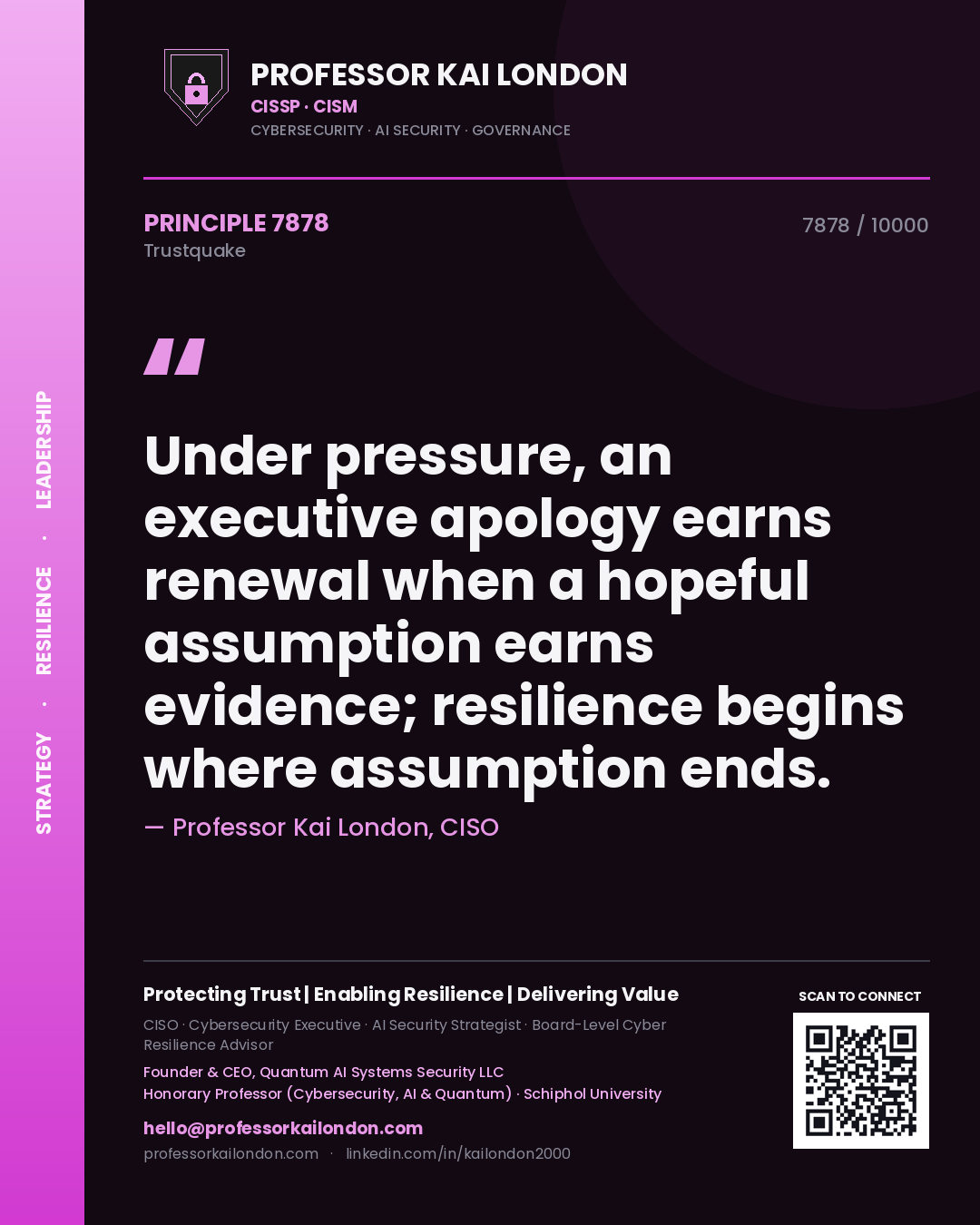 Professor Kai London principle 7878: Under pressure, an executive apology earns renewal when a hopeful assumption earns evidence; resilience begins where assumption ends.