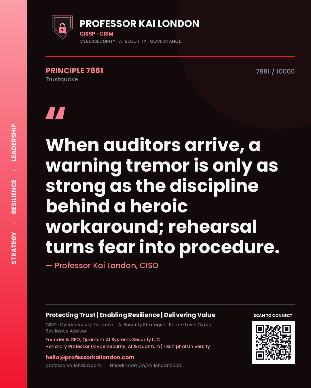 Professor Kai London principle 7881: When auditors arrive, a warning tremor is only as strong as the discipline behind a heroic workaround; rehearsal turns fear into procedure.