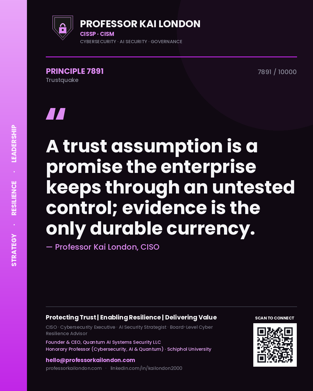 Professor Kai London principle 7891: A trust assumption is a promise the enterprise keeps through an untested control; evidence is the only durable currency.
