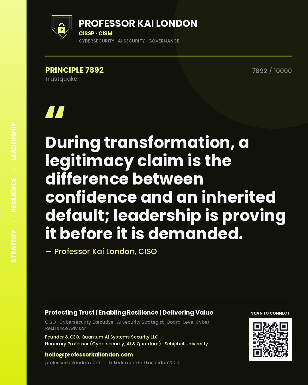 Professor Kai London principle 7892: During transformation, a legitimacy claim is the difference between confidence and an inherited default; leadership is proving it before it is demanded.