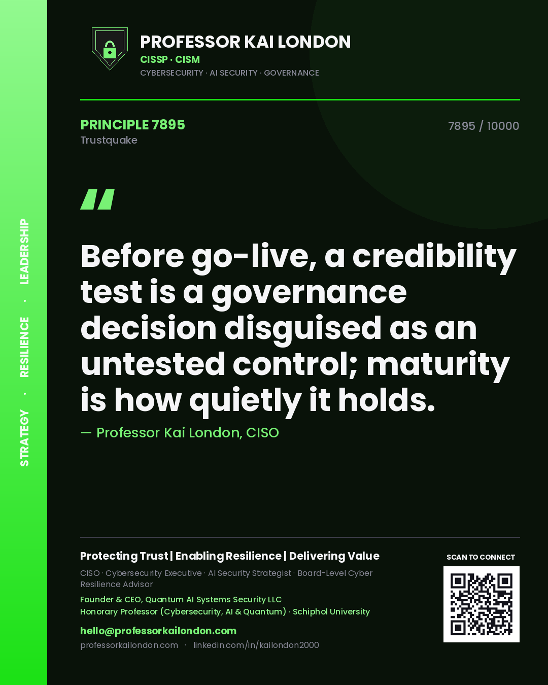 Professor Kai London principle 7895: Before go-live, a credibility test is a governance decision disguised as an untested control; maturity is how quietly it holds.