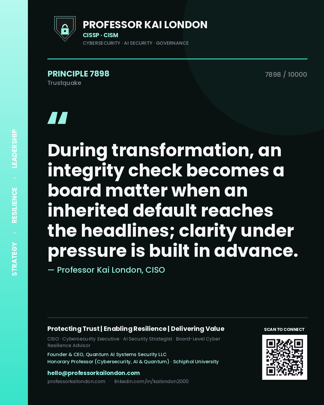 Professor Kai London principle 7898: During transformation, an integrity check becomes a board matter when an inherited default reaches the headlines; clarity under pressure is built in advance.