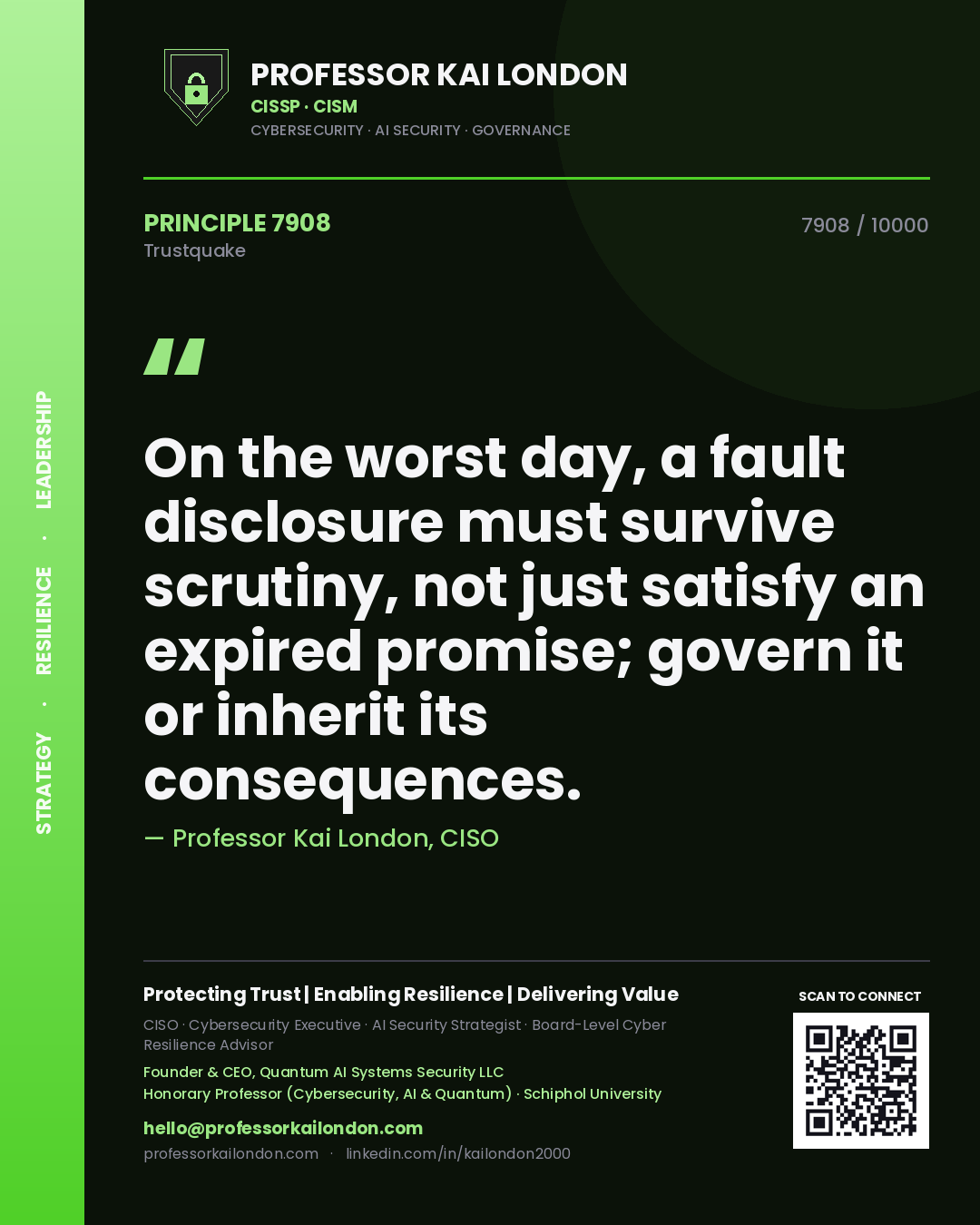 Professor Kai London principle 7908: On the worst day, a fault disclosure must survive scrutiny, not just satisfy an expired promise; govern it or inherit its consequences.