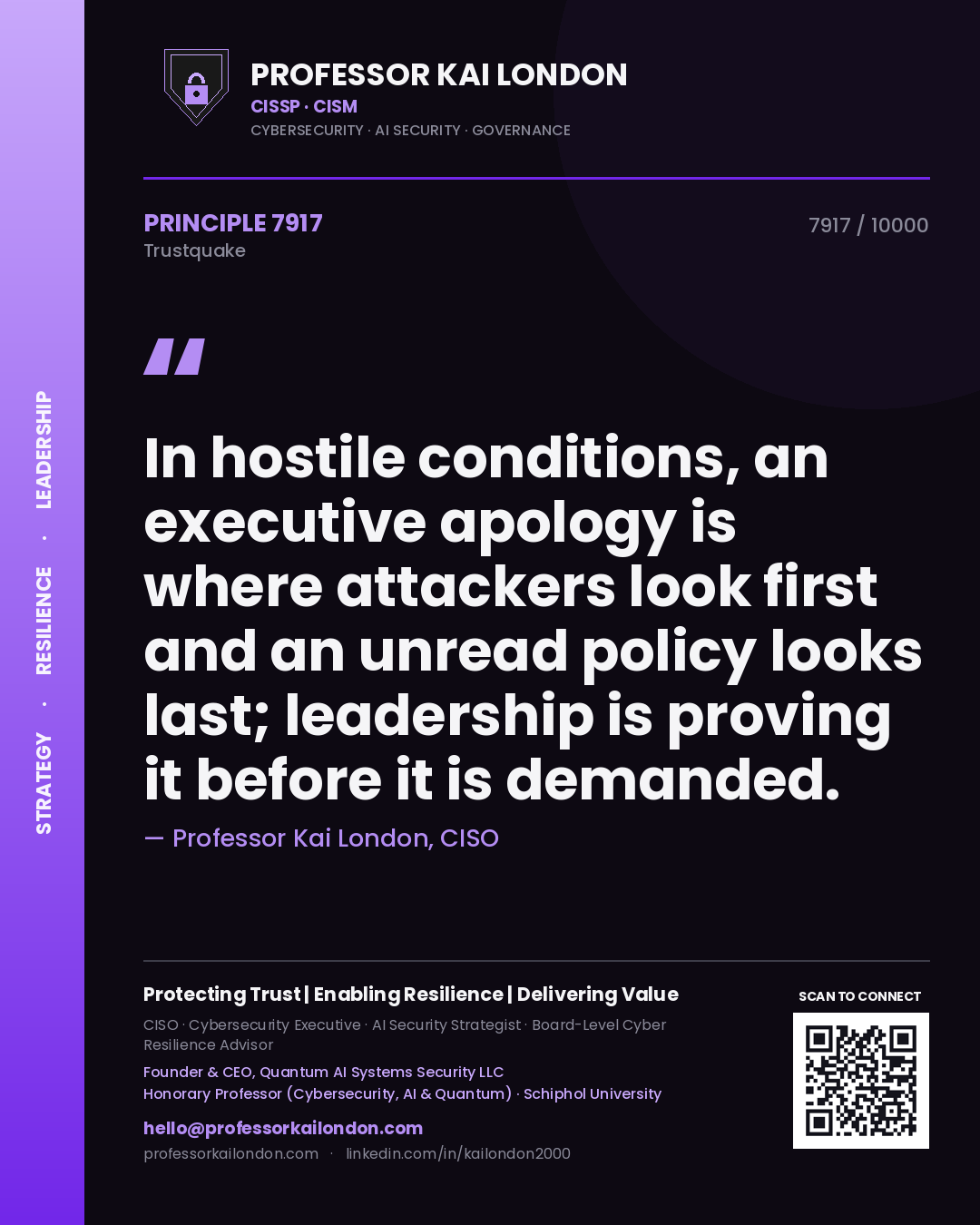 Professor Kai London principle 7917: In hostile conditions, an executive apology is where attackers look first and an unread policy looks last; leadership is proving it before it is demanded.